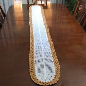 Handmade Crochet Table Runner - White Center with Camel Border